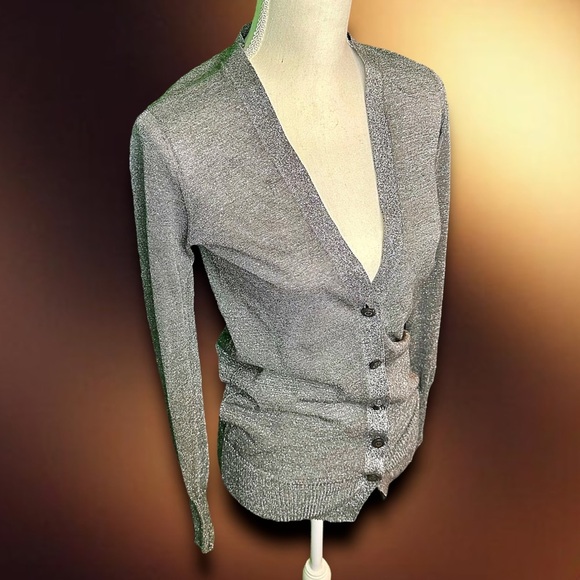 Tory Burch Silver Metallic Shimmer Button Down Long Sleeve Cardigan Size XS - Picture 4 of 10